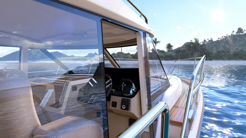  Yacht Photos Pics 2025 Marex 390 yacht cruising on serene waters with scenic island backdrop.