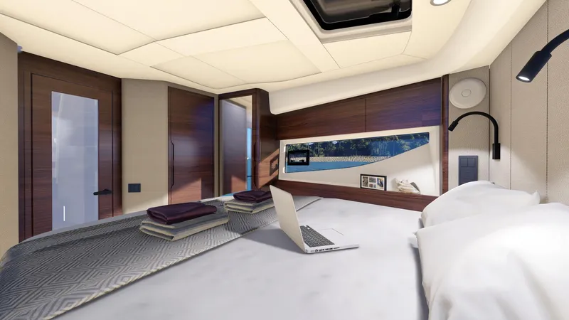  Yacht Photos Pics Luxurious cabin interior of 2025 Marex 390 yacht with modern design and amenities.