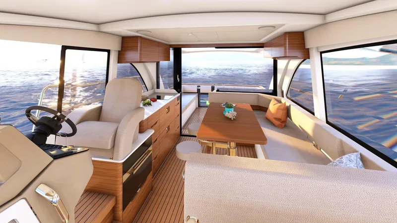  Yacht Photos Pics Luxurious interior of 2025 Marex 390 yacht with elegant seating and ocean view.