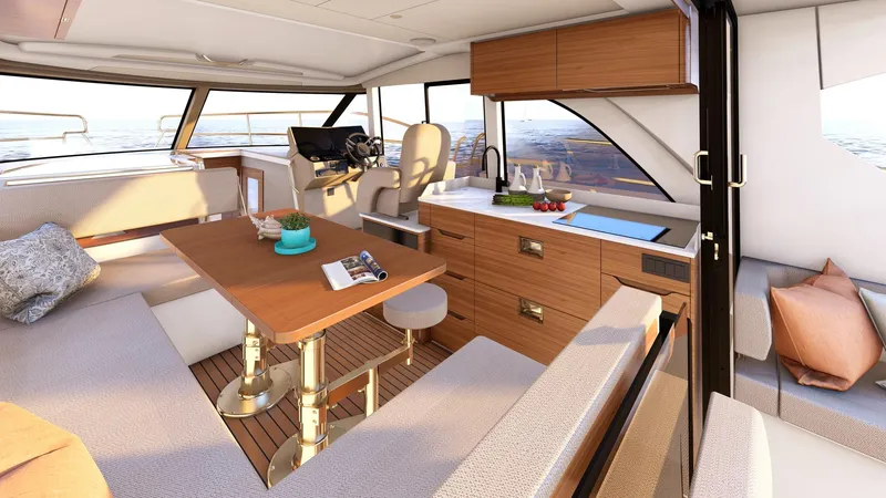  Yacht Photos Pics Luxurious Marex 390 yacht interior, 2025 model, featuring elegant seating and modern kitchen area.