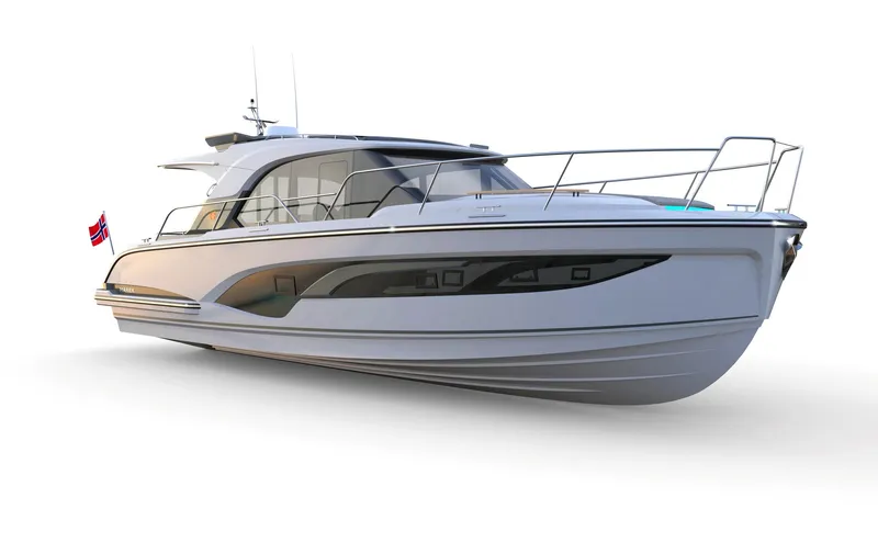  Yacht Photos Pics 2025 Marex 390 yacht with sleek design and modern features, side view.