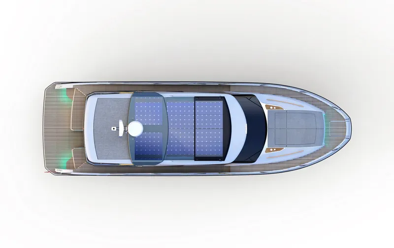 Yacht Photos Pics Top view of 2025 Marex 390 yacht with solar panels on deck.