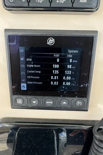  Yacht Photos Pics Dashboard display of a 2022 Boston Whaler 280 Outrage showing engine metrics.