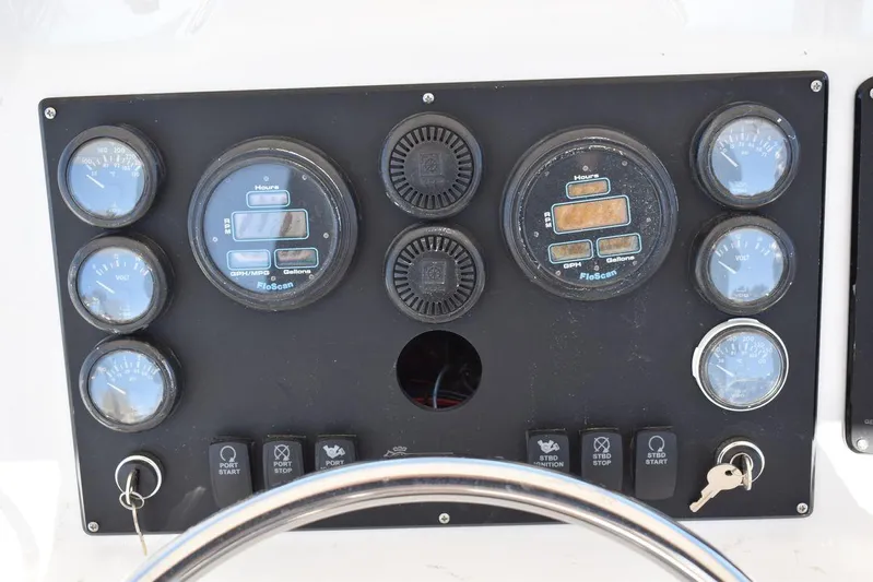  Yacht Photos Pics Control panel of a 2005 Egg Harbor 37 Sport Yacht with gauges and switches.