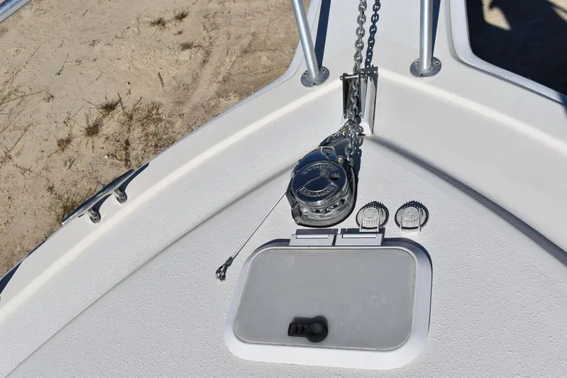  Yacht Photos Pics Bow of 2005 Egg Harbor 37 Sport Yacht with anchor winch and chain.