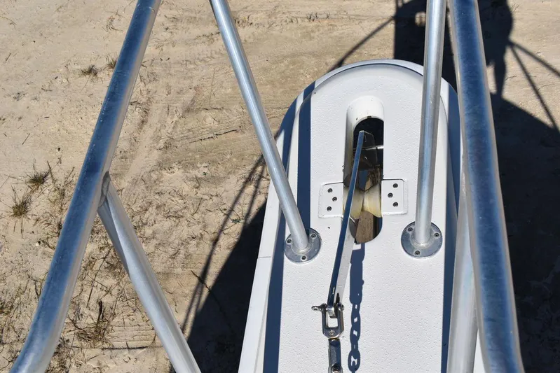  Yacht Photos Pics Bow of 2005 Egg Harbor 37 Sport Yacht with anchor chain and railings.