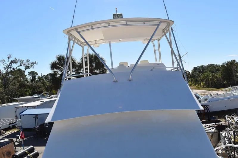  Yacht Photos Pics 2005 Egg Harbor 37 Sport Yacht, docked, view of the flybridge and bow.