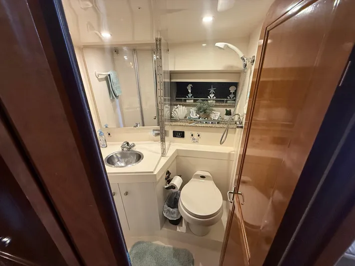  Yacht Photos Pics Bathroom interior of 2002 Carver 356 Motor Yacht, featuring sink, toilet, and shower.
