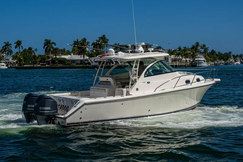  Yacht Photos Pics 2014 Pursuit 345os boat cruising on a sunny day with palm trees in the background.