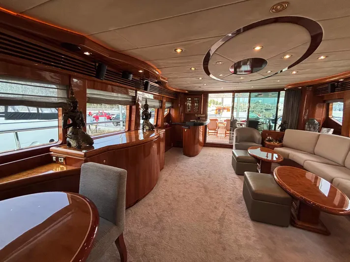  Yacht Photos Pics Luxurious interior of 2005 Monte Fino 82 yacht with elegant wood finishes and comfortable seating.