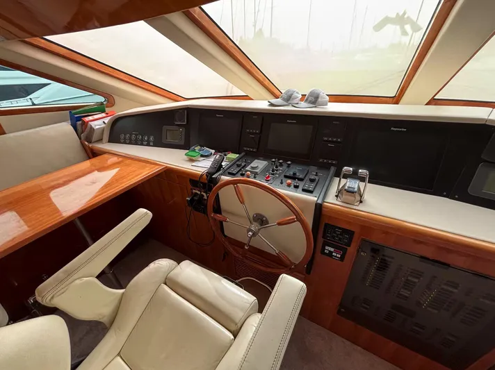  Yacht Photos Pics Pilot cabin of 2005 Monte Fino 82 yacht with steering wheel and control panels.