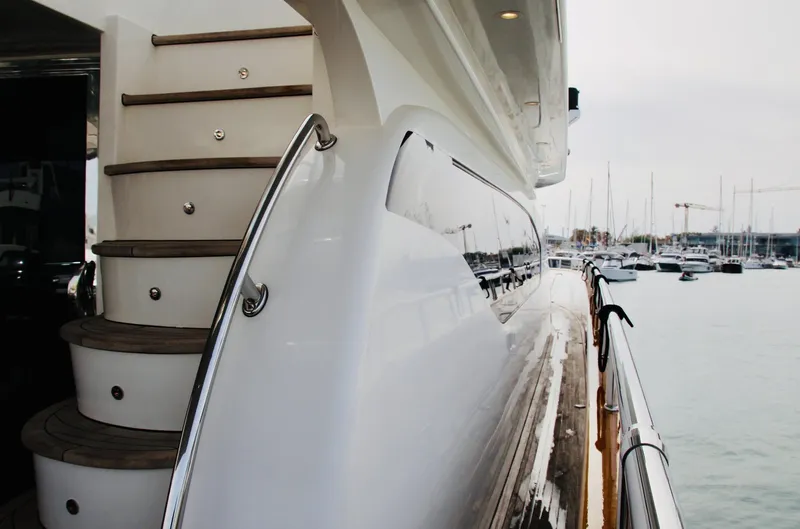  Yacht Photos Pics Luxury Monte Fino 82 yacht, 2005 model, docked with elegant exterior design.