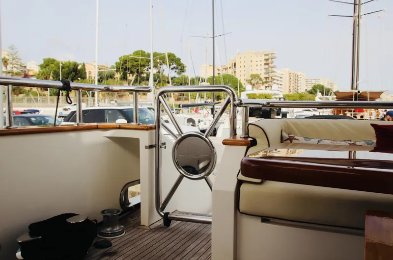  Yacht Photos Pics Luxury yacht deck view, Monte Fino 82, 2005 model, docked in marina.