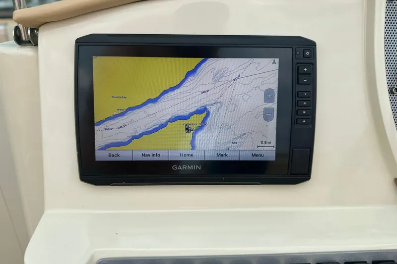  Yacht Photos Pics Garmin navigation display on 2013 Chris-Craft Launch 28 boat, showing a detailed marine map.
