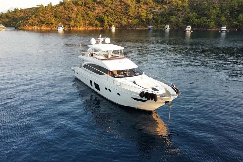 On Yacht Photos Pics Luxurious 2014 Princess 82 yacht anchored in serene waters near a lush, forested coastline.