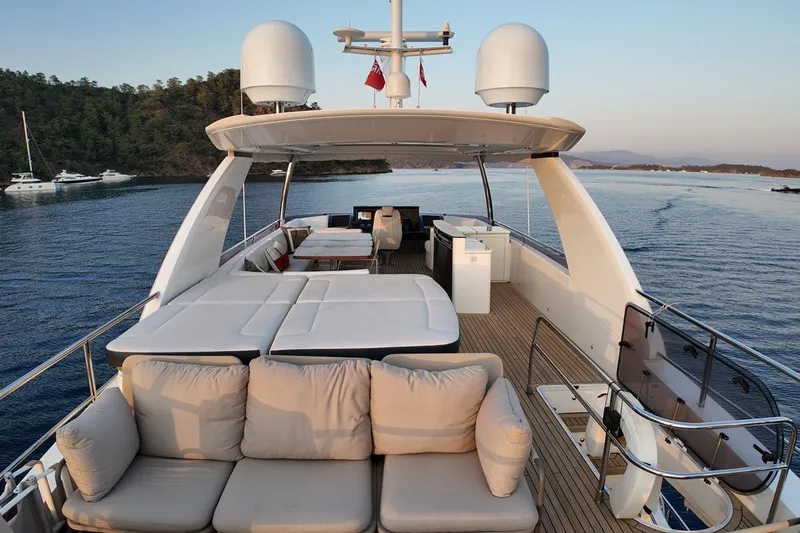 On Yacht Photos Pics Luxurious 2014 Princess 82 yacht with spacious deck and scenic ocean view.