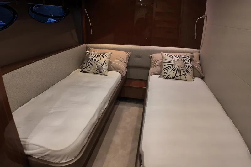On Yacht Photos Pics Luxurious twin cabin in 2014 Princess 82 yacht with elegant bedding and decor.