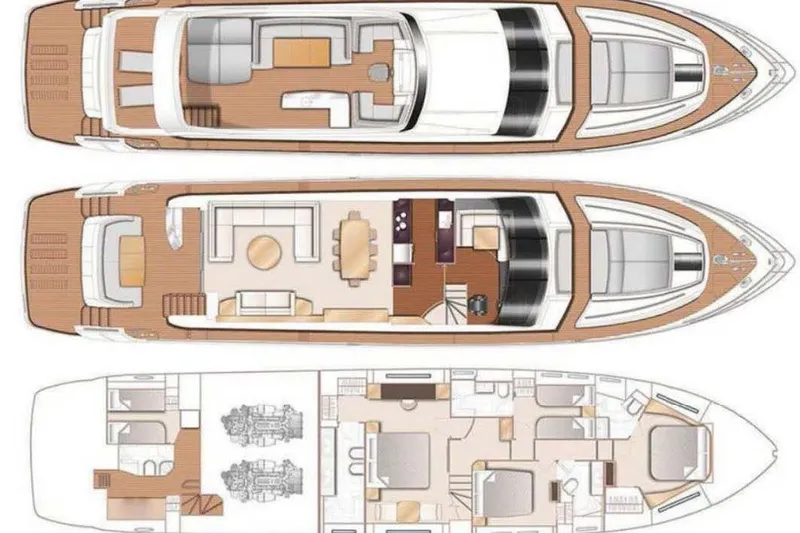On Yacht Photos Pics Floor plan of a 2014 Princess 82 yacht, showcasing three detailed levels.