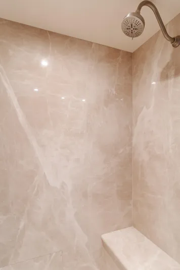 Harley G Yacht Photos Pics Luxurious marble shower interior with modern showerhead and built-in bench, TransWorld 116', 2014.