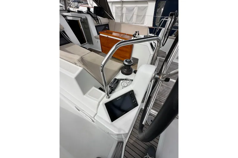  Yacht Photos Pics Cockpit of 2019 Jeanneau Sun Odyssey 440 sailboat with navigation equipment.