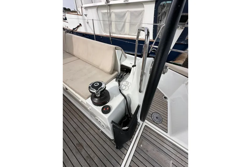  Yacht Photos Pics Cockpit of 2019 Jeanneau Sun Odyssey 440 sailboat with seating and winch.