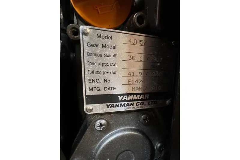  Yacht Photos Pics Yanmar engine plate on 2019 Jeanneau Sun Odyssey 440, model 4JH57, manufactured March 2018.