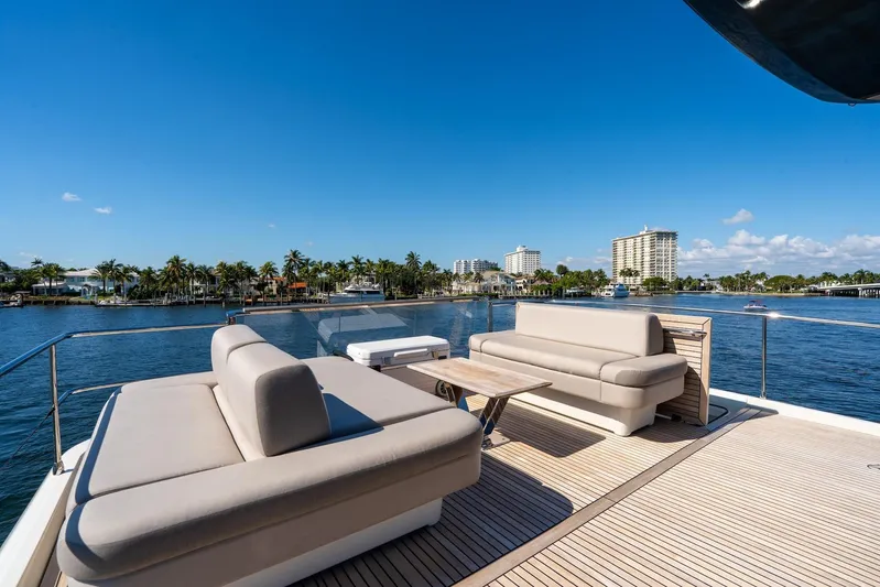  Yacht Photos Pics Luxurious 2022 Prestige X70 yacht deck with elegant seating, overlooking serene waterfront views.