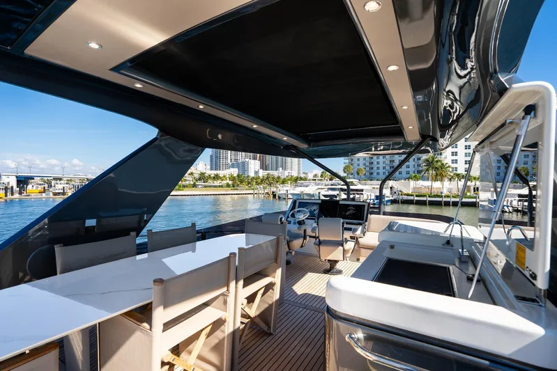  Yacht Photos Pics Luxurious 2022 Prestige X70 yacht interior with modern seating and waterfront view.