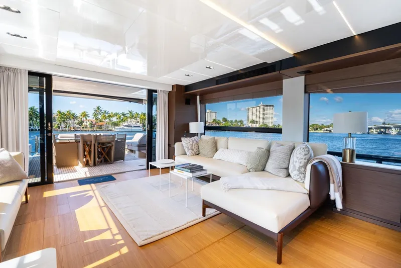  Yacht Photos Pics Luxurious interior of 2022 Prestige X70 yacht with waterfront view and elegant furnishings.
