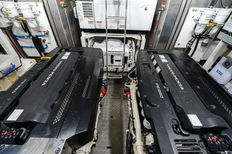  Yacht Photos Pics Engine room of 2022 Prestige X70 yacht with Volvo Penta engines.