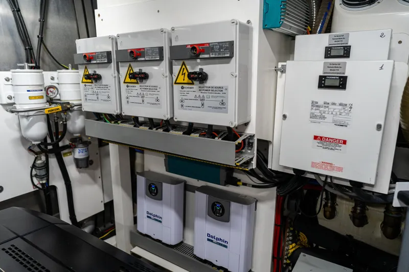  Yacht Photos Pics Electrical control panel in a 2022 Prestige X70 yacht engine room.