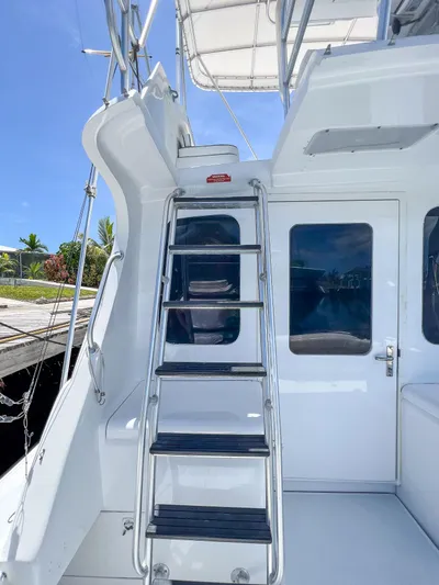 Goggle Eye Yacht Photos Pics Stainless steel ladder on a 2000 Luhrs 400 Convertible yacht, leading to the flybridge.