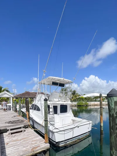Goggle Eye Yacht Photos Pics 2000 Luhrs 400 Convertible boat docked at a marina on a sunny day.