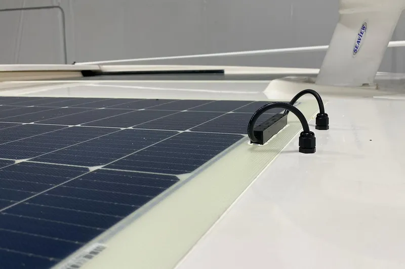 Silver Lining Yacht Photos Pics Solar panels on 2017 Tiara Yachts C39 Coupe, showcasing sustainable marine technology.