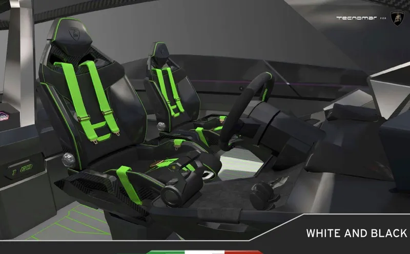  Yacht Photos Pics Interior of 2025 Tecnomar Lamborghini 63 yacht with black and green seats.