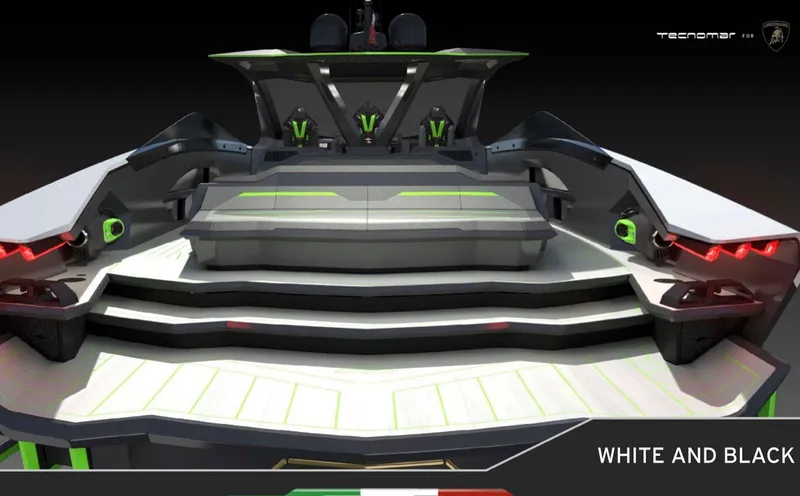  Yacht Photos Pics Tecnomar Lamborghini 63 yacht, 2025 model, featuring sleek white and black design with neon accents.