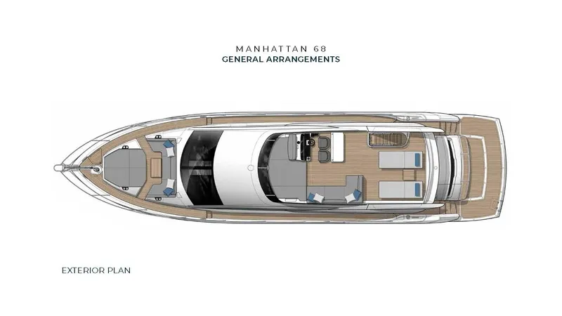 Lucky Ladies Yacht Photos Pics Sunseeker Manhattan 68 2022 yacht exterior plan, showcasing deck layout and general arrangements.