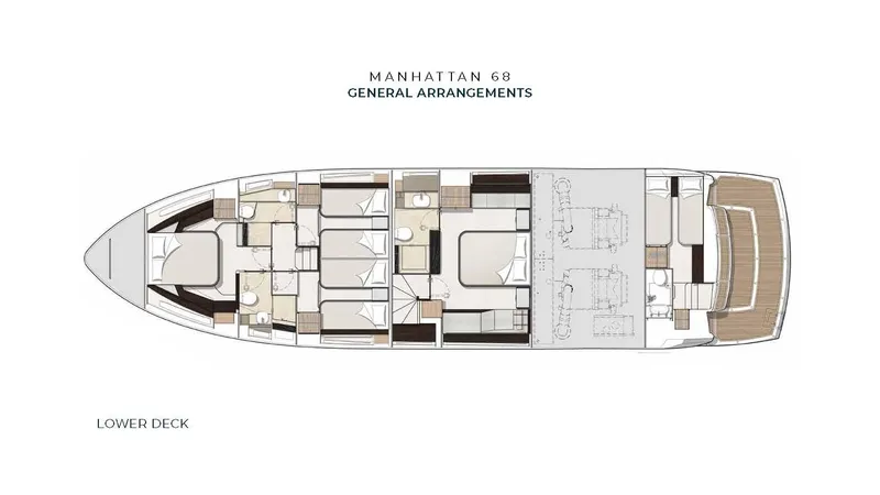 Lucky Ladies Yacht Photos Pics Sunseeker Manhattan 68 lower deck layout, 2022 model, showcasing cabin and living arrangements.