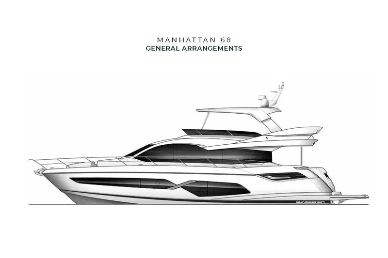 Lucky Ladies Yacht Photos Pics Side view sketch of 2022 Sunseeker Manhattan 68 yacht, showcasing sleek design and general arrangements.