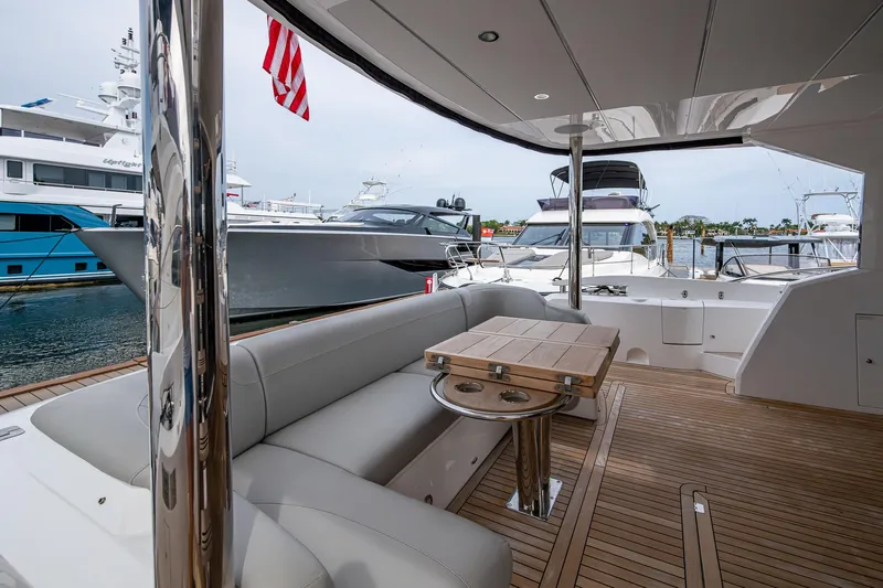 Lucky Ladies Yacht Photos Pics Sunseeker Manhattan 68 yacht deck with seating, docked at marina, 2022 model.