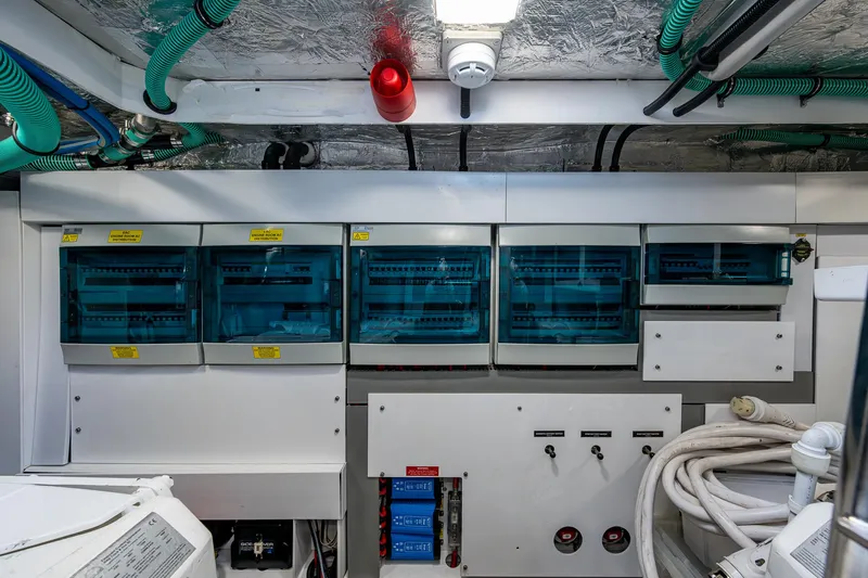 Lucky Ladies Yacht Photos Pics Electrical control panel in a 2022 Sunseeker Manhattan 68 yacht engine room.