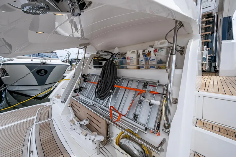 Lucky Ladies Yacht Photos Pics Sunseeker Manhattan 68 yacht storage area with equipment and supplies, 2022 model.