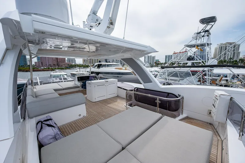 Lucky Ladies Yacht Photos Pics Luxurious Sunseeker Manhattan 68 yacht deck with modern seating, 2022 model.