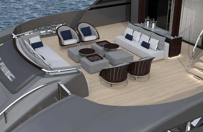  Yacht Photos Pics Luxurious deck of 2026 ISA Classic 57 yacht with elegant seating and ocean view.
