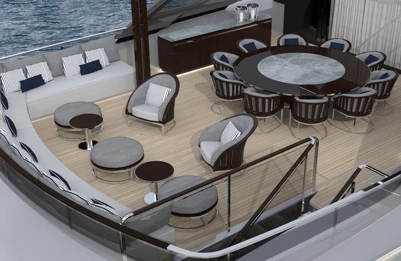  Yacht Photos Pics Luxurious deck of 2026 ISA Classic 57 yacht with elegant seating and dining area.