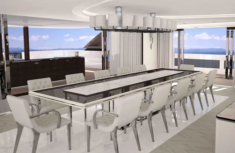 Yacht Photos Pics Luxurious dining room with modern decor on ISA Classic 57 yacht, 2026 model.