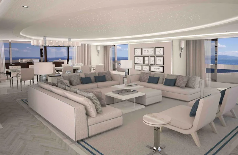  Yacht Photos Pics Luxurious yacht interior with modern decor, featuring plush seating and ocean views. ISA Classic 57, 2026.