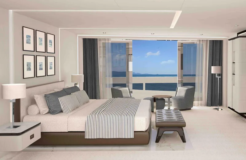  Yacht Photos Pics Luxurious bedroom on ISA Classic 57 yacht, featuring ocean view and elegant decor, 2026 model.