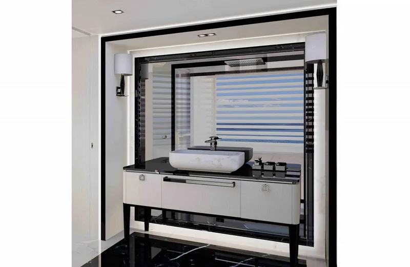  Yacht Photos Pics Modern bathroom vanity with sleek design, featuring a vessel sink and stylish lighting.