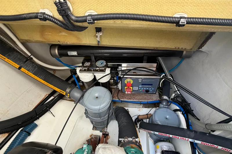 Waymaker Yacht Photos Pics Engine compartment of 2018 Fountaine Pajot Saona 47 catamaran with mechanical components.